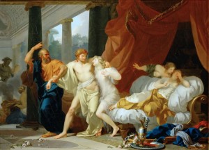 Das Gemälde von Jean-Baptiste Regnault aus dem Jahre 1791 mit dem Titel Socrate arrachant Alcibiade du sein de la Volupté zeigt uns Sokrates welcher den Alkibiades aus dessen Vergnügungen zu entreißen versucht.