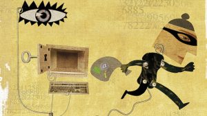 Robber stealing from open safe connected to computer keyboard